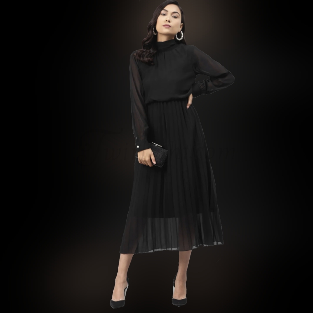 Ebony: Black Pleated Midi Dress